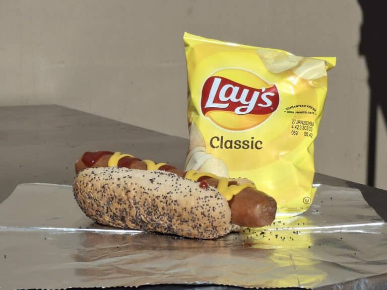 A sausage on a poppy seed bun with ketchup and mustard next to a bag of Lay's Classic potato chips at Under Construction Hot Dogs.