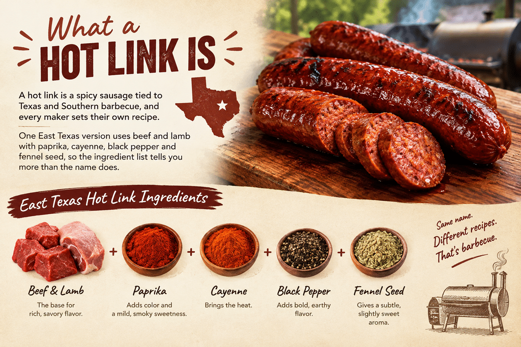 Infographic explaining East Texas hot links, showing grilled sausages and their ingredients: beef, lamb, paprika, cayenne, black pepper, and fennel seeds.