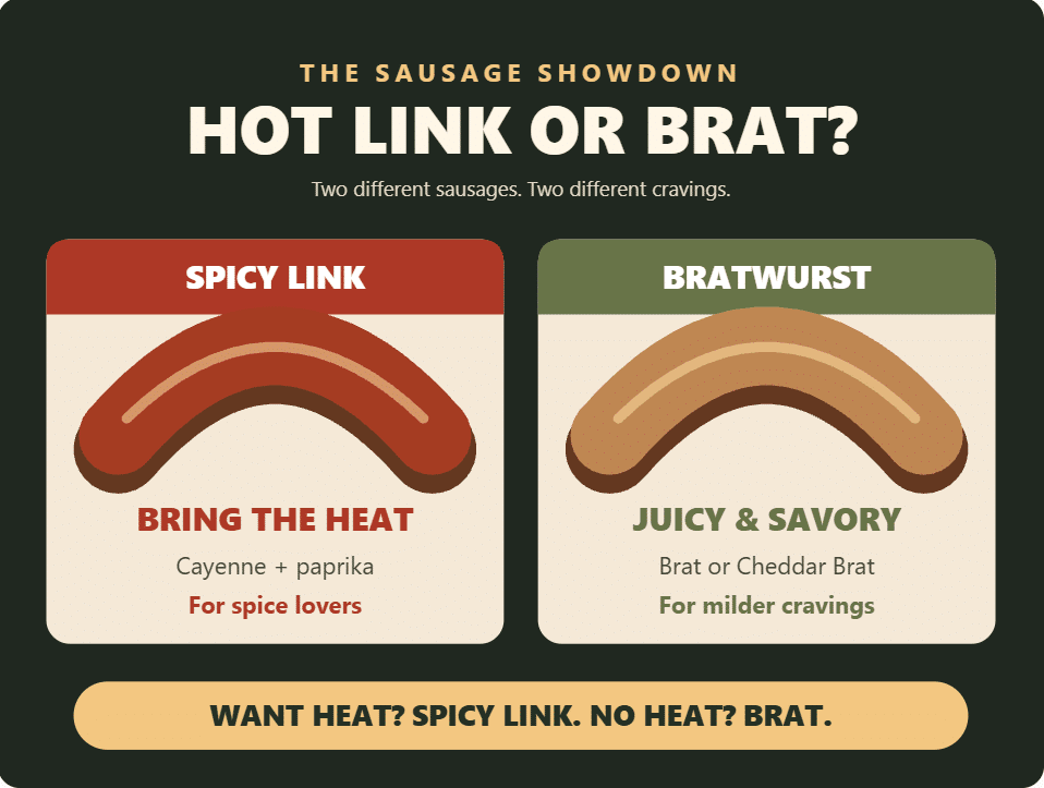 The Sausage Showdown: A comparison between a Spicy Link with cayenne and paprika for heat, and a juicy, savory Bratwurst for milder cravings.